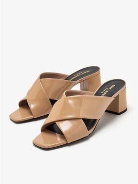 Saint Laurent Lou Lou Nude Patent Crossover Block Heel Mules | Size 6